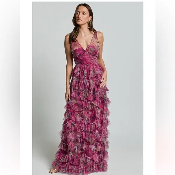 Amalie The Label Josette Pink Floral Tulle Tiered Gown Maxi Dress Prom