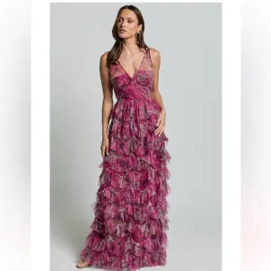 Amalie The Label Josette Pink Floral Tulle Tiered Gown Maxi Dress Prom