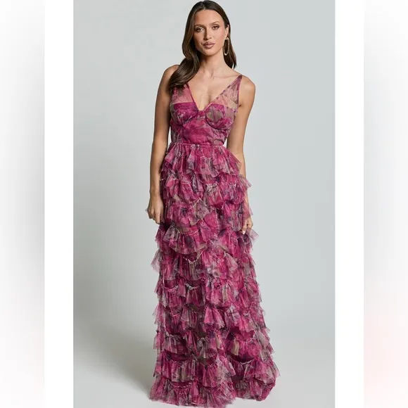 Amalie The Label Josette Pink Floral Tulle Tiered Gown Maxi Dress Prom