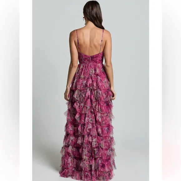 Amalie The Label Josette Pink Floral Tulle Tiered Gown Maxi Dress Prom