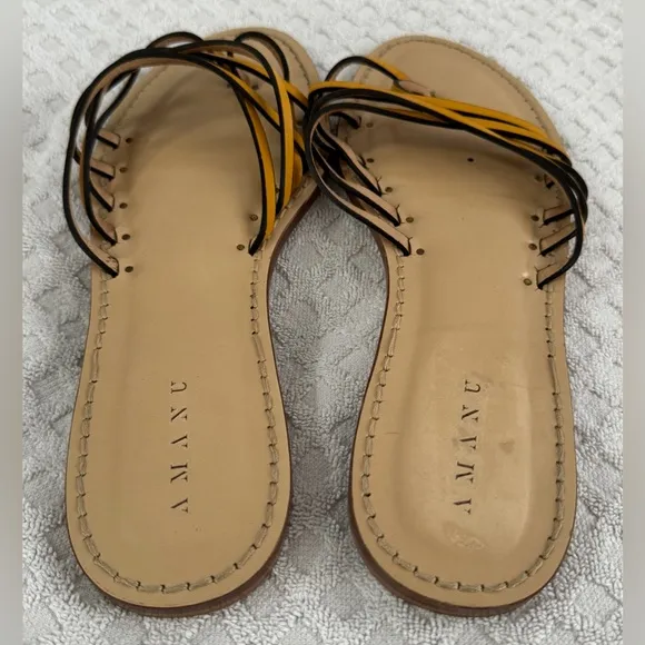 Amanu Orange Yellow Leather Strappy Toe Ring Flat Sandals Size 9 Made in Italy