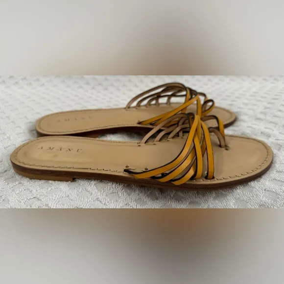 Amanu Orange Yellow Leather Strappy Toe Ring Flat Sandals Size 9 Made in Italy
