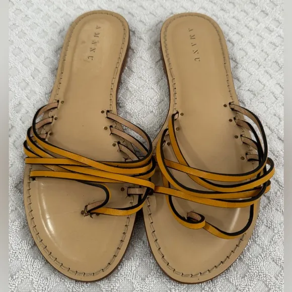 Amanu Orange Yellow Leather Strappy Toe Ring Flat Sandals Size 9 Made in Italy