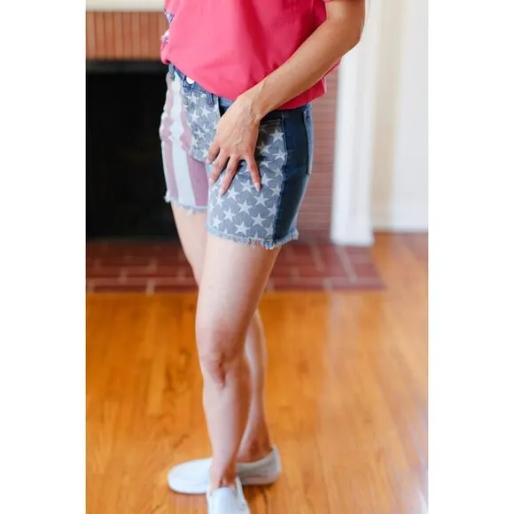 American Flag High Rise Frayed Hem Denim Shorts