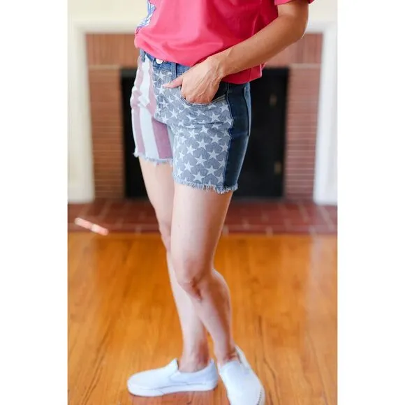 American Flag High Rise Frayed Hem Denim Shorts