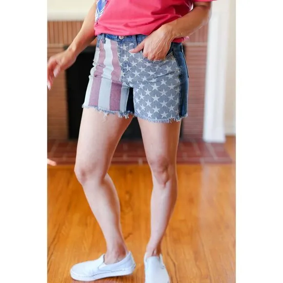 American Flag High Rise Frayed Hem Denim Shorts