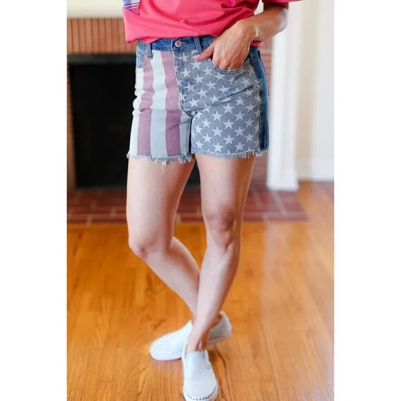 American Flag High Rise Frayed Hem Denim Shorts