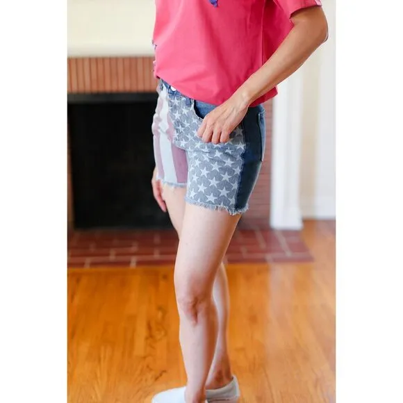 American Flag High Rise Frayed Hem Denim Shorts