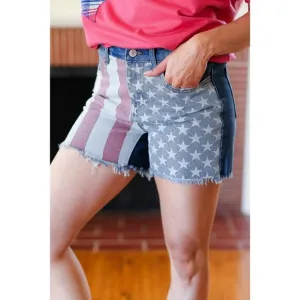 American Flag High Rise Frayed Hem Denim Shorts