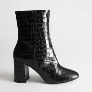 &amp; Other Stories Croc Embossed Leather Ankle Boots - 7 - Black Croco
