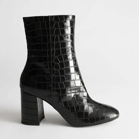 &amp; Other Stories Croc Embossed Leather Ankle Boots - 7 - Black Croco