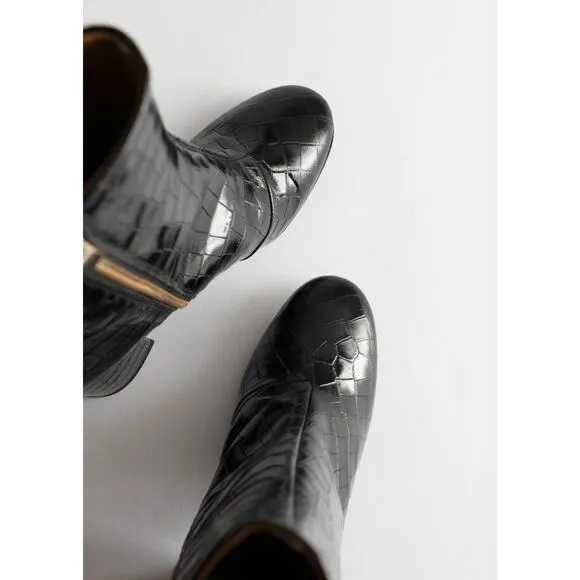 &amp; Other Stories Croc Embossed Leather Ankle Boots - 7 - Black Croco