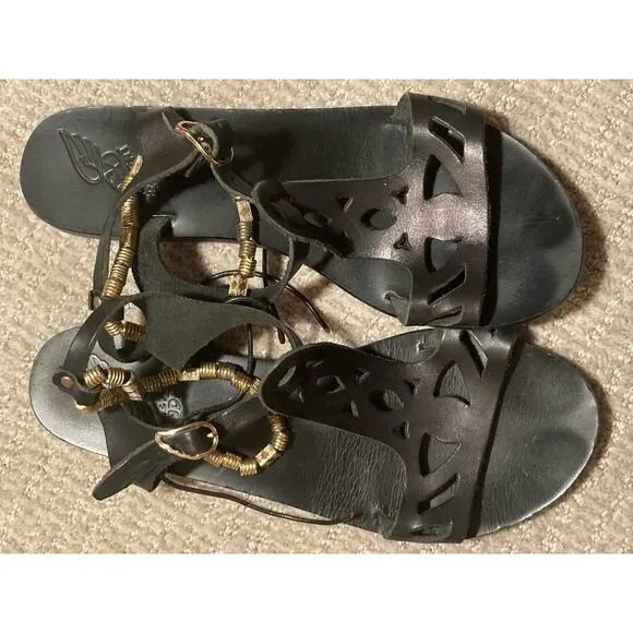 Ancient Greek Sandals ~ Cut-out Accent Gold Bead T-Strap ~ Size 10 40 ~ Luxury!