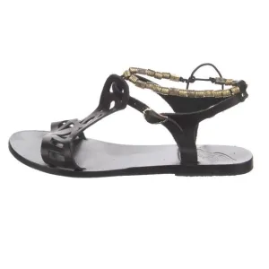 Ancient Greek Sandals ~ Cut-out Accent Gold Bead T-Strap ~ Size 10 40 ~ Luxury!