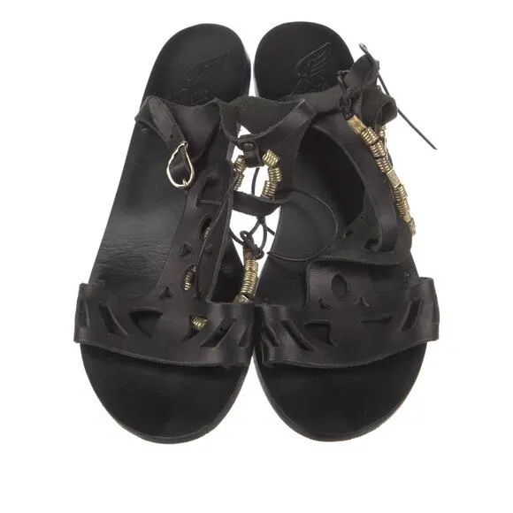 Ancient Greek Sandals ~ Cut-out Accent Gold Bead T-Strap ~ Size 10 40 ~ Luxury!