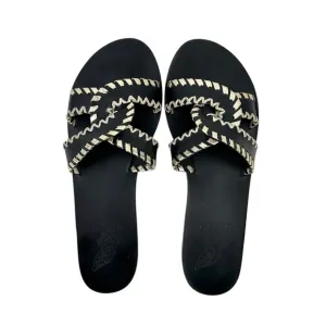 Ancient Greek Sandals Desmos Stitch Black &amp; Gold Flat Leather Sandals Slides