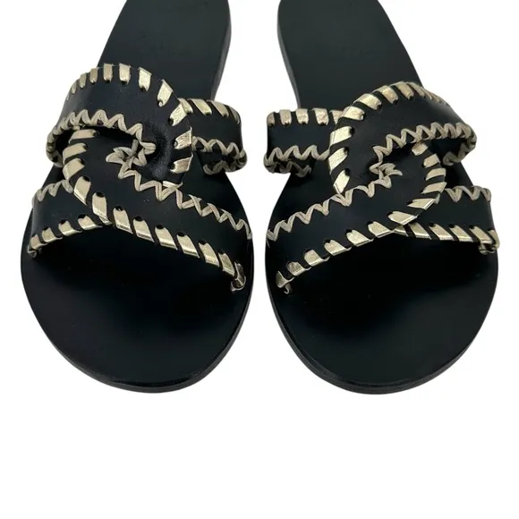Ancient Greek Sandals Desmos Stitch Black &amp; Gold Flat Leather Sandals Slides