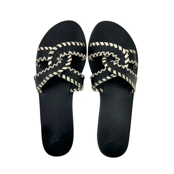 Ancient Greek Sandals Desmos Stitch Black &amp; Gold Flat Leather Sandals Slides