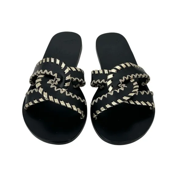 Ancient Greek Sandals Desmos Stitch Black &amp; Gold Flat Leather Sandals Slides