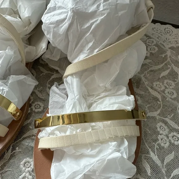 Ancient Greek White and Gold Strappy Flat Sandals