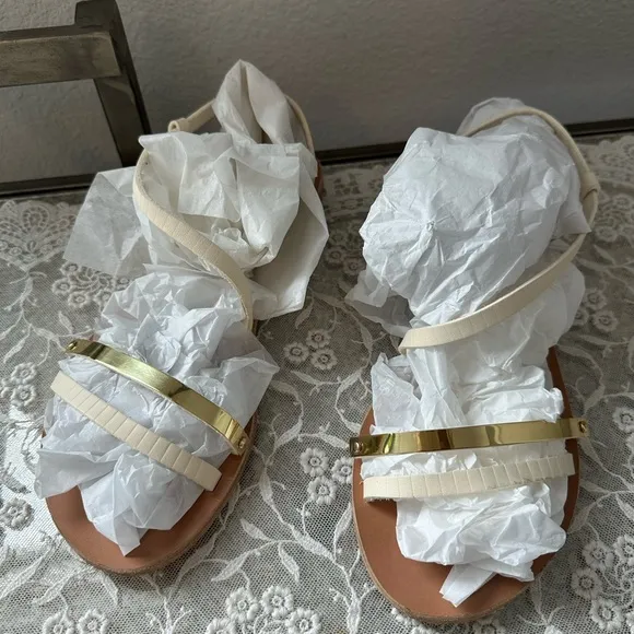 Ancient Greek White and Gold Strappy Flat Sandals
