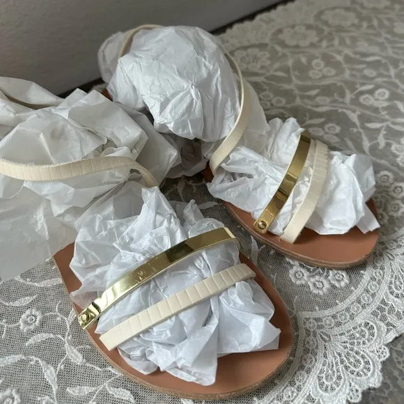 Ancient Greek White and Gold Strappy Flat Sandals
