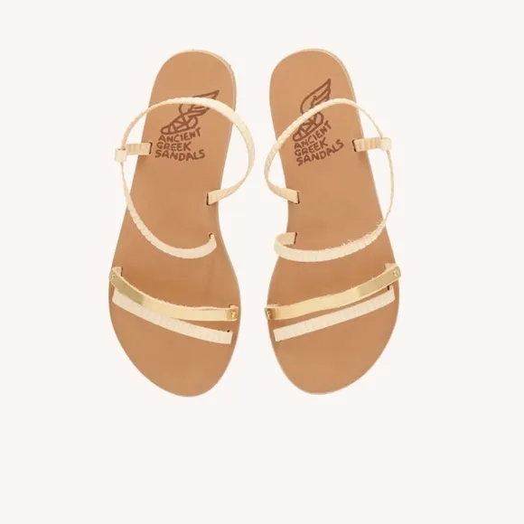 Ancient Greek White and Gold Strappy Flat Sandals