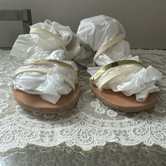 Ancient Greek White and Gold Strappy Flat Sandals