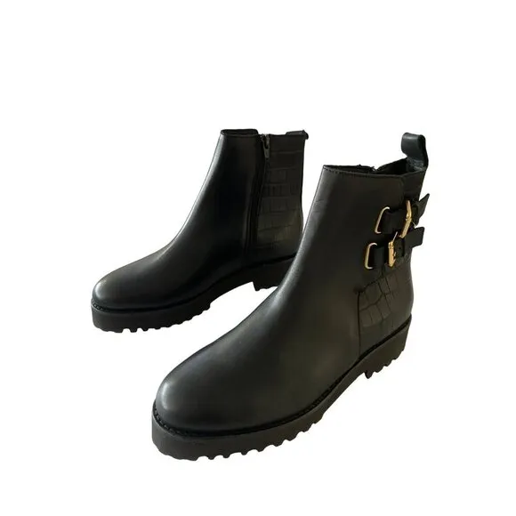 Andre Assous Black Buckle Pandora Combat Boots Sz 6.5 New