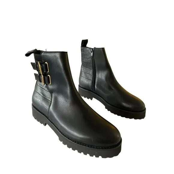 Andre Assous Black Buckle Pandora Combat Boots Sz 6.5 New