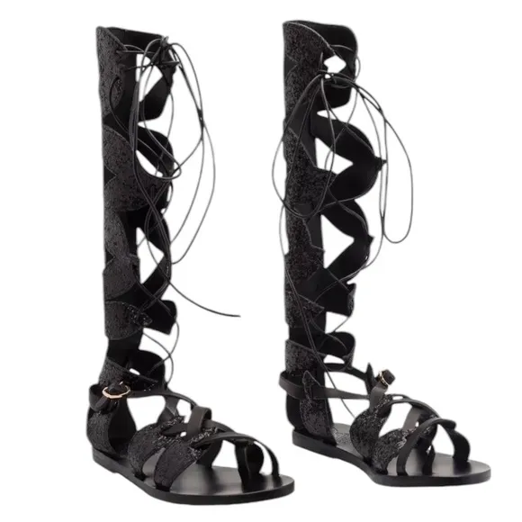 ANICENT GREEK SANDALS Tan Leather 'Filareskia' High Gladiator Sandals 38 New*