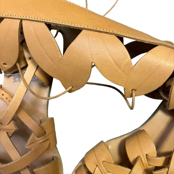 ANICENT GREEK SANDALS Tan Leather 'Filareskia' High Gladiator Sandals 38 New*