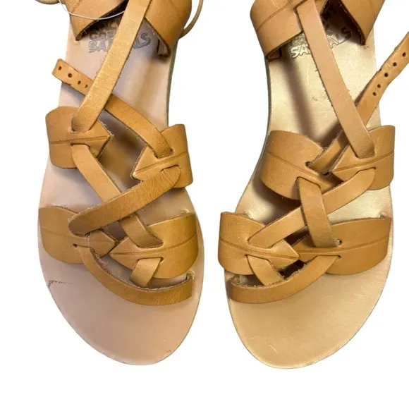 ANICENT GREEK SANDALS Tan Leather 'Filareskia' High Gladiator Sandals 38 New*
