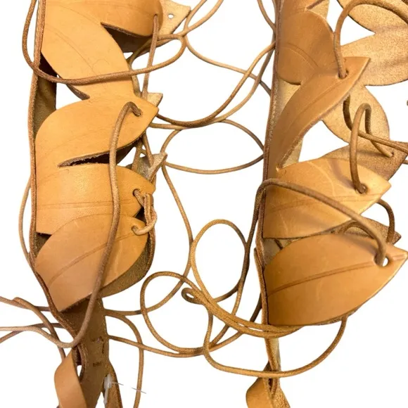 ANICENT GREEK SANDALS Tan Leather 'Filareskia' High Gladiator Sandals 38 New*