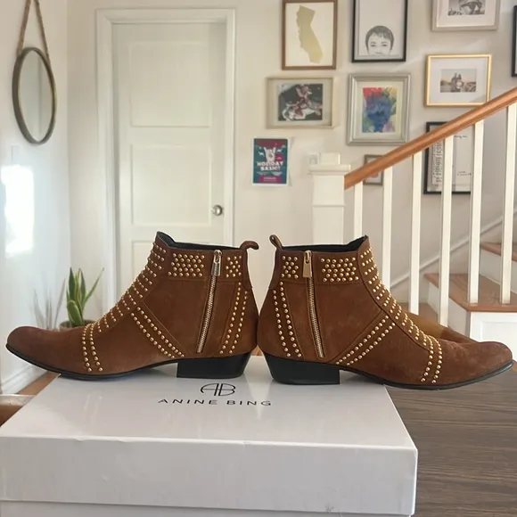 Anine Bing Charlie Studded Western Booties in Brown Suede size 39