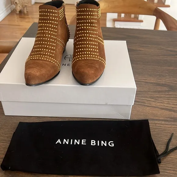 Anine Bing Charlie Studded Western Booties in Brown Suede size 39