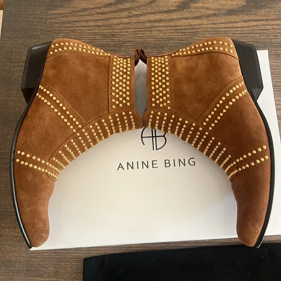 Anine Bing Charlie Studded Western Booties in Brown Suede size 39