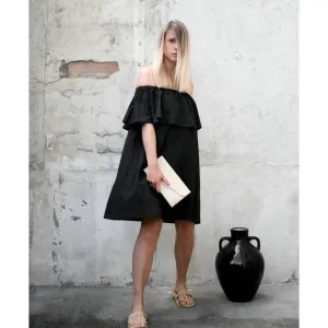 Anine Bing Off The Shoulder Ruffle Cotton Linen Short Mini Dress Small Black