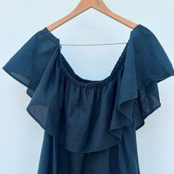 Anine Bing Off The Shoulder Ruffle Cotton Linen Short Mini Dress Small Black