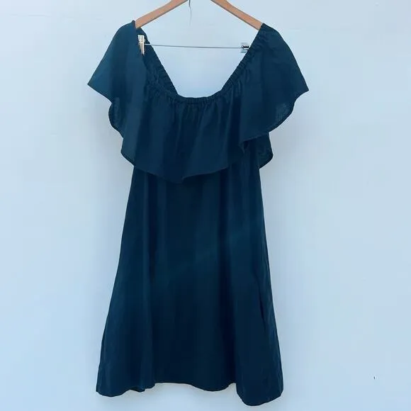 Anine Bing Off The Shoulder Ruffle Cotton Linen Short Mini Dress Small Black