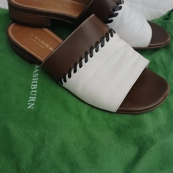 Ann Mashburn White &amp; Brown Spring Slides Italian Vacation Sandals--37 w Dustbag