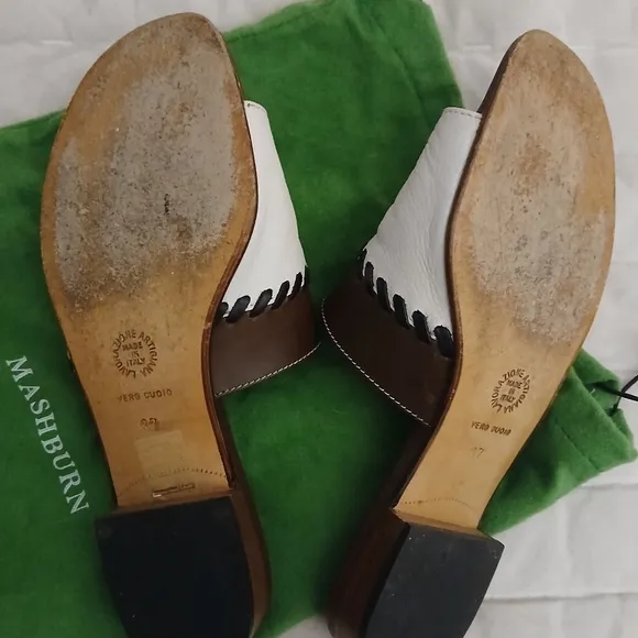 Ann Mashburn White &amp; Brown Spring Slides Italian Vacation Sandals--37 w Dustbag