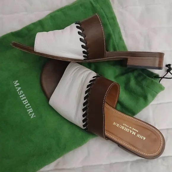 Ann Mashburn White &amp; Brown Spring Slides Italian Vacation Sandals--37 w Dustbag