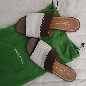 Ann Mashburn White &amp; Brown Spring Slides Italian Vacation Sandals--37 w Dustbag