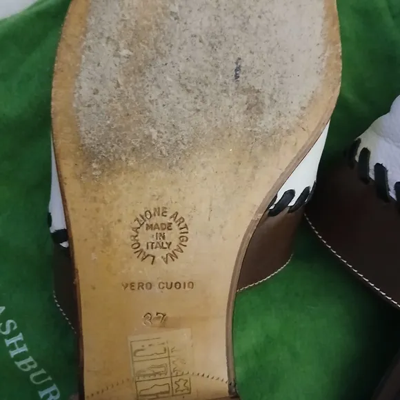 Ann Mashburn White &amp; Brown Spring Slides Italian Vacation Sandals--37 w Dustbag