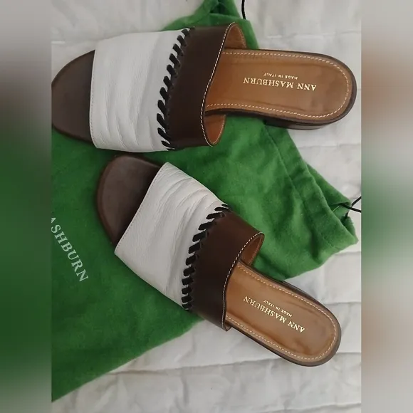 Ann Mashburn White &amp; Brown Spring Slides Italian Vacation Sandals--37 w Dustbag