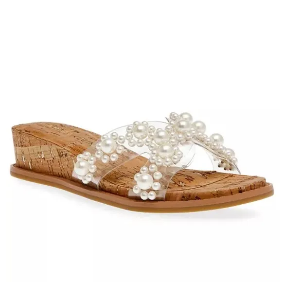 Anne Klein NWOT Brianna Women's Pearl Embellished Cork Wedge Sandals Size 10M