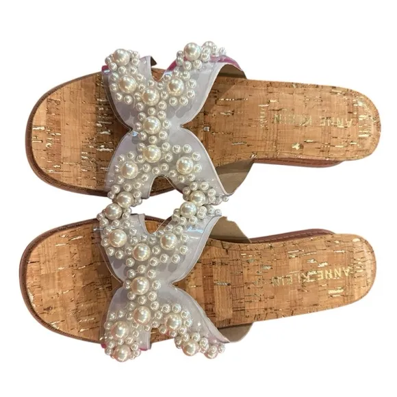 Anne Klein NWOT Brianna Women's Pearl Embellished Cork Wedge Sandals Size 10M