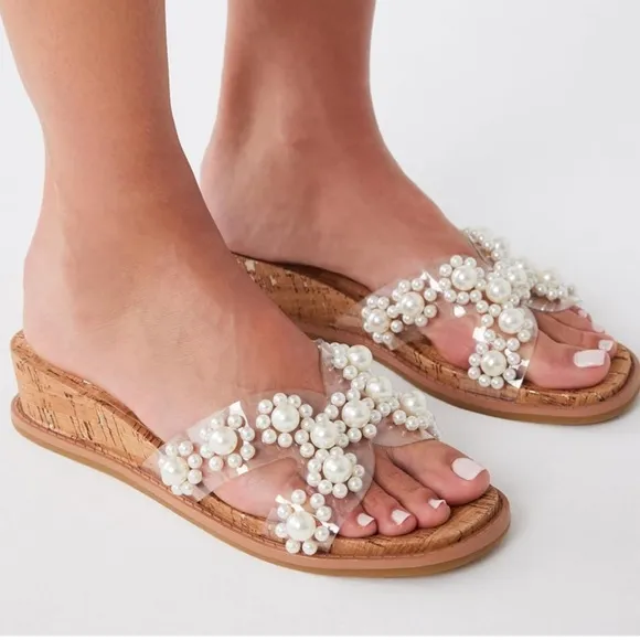 Anne Klein NWOT Brianna Women's Pearl Embellished Cork Wedge Sandals Size 10M