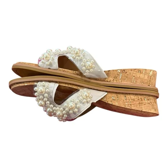 Anne Klein NWOT Brianna Women's Pearl Embellished Cork Wedge Sandals Size 10M